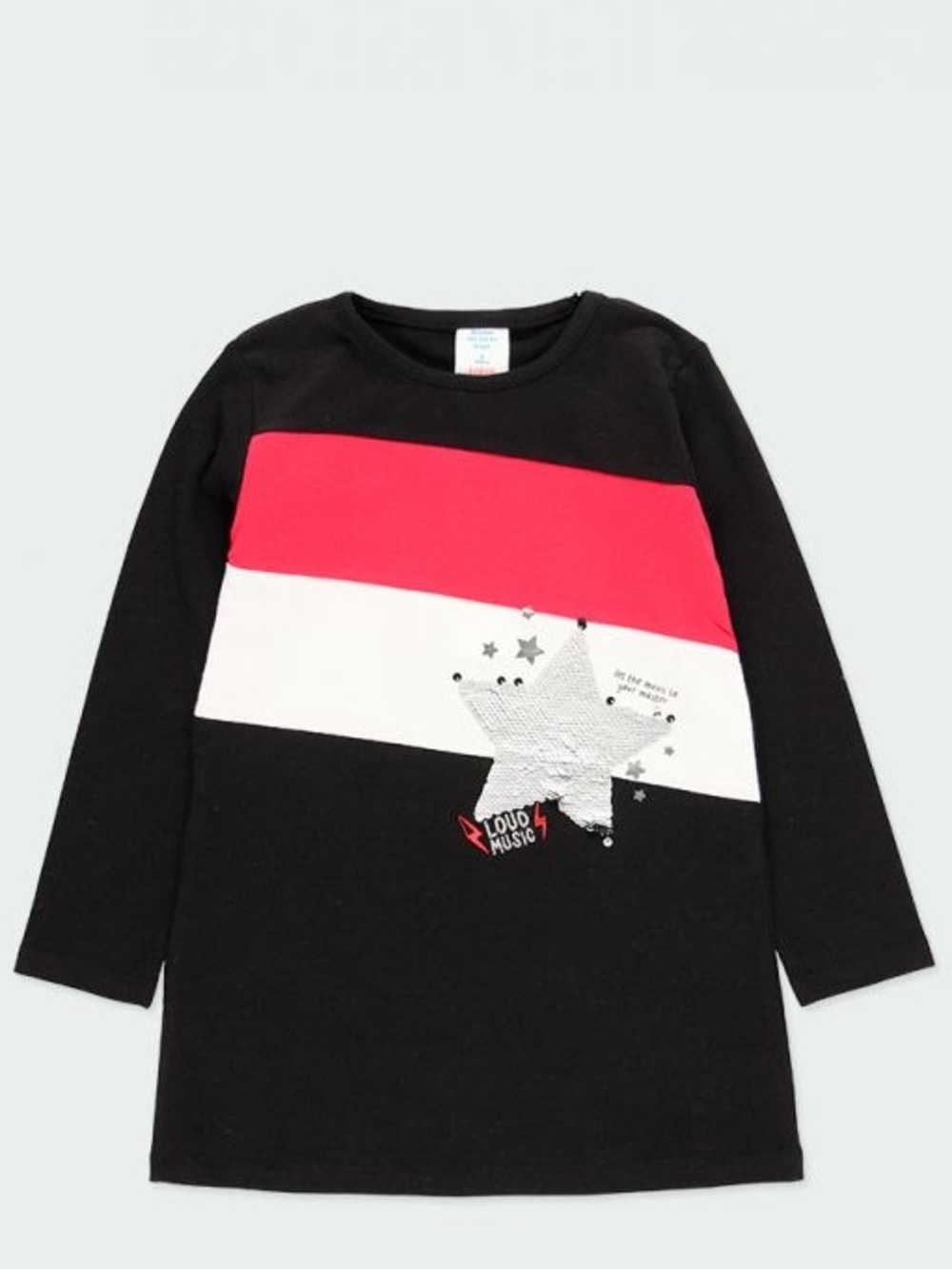Girls' Black Long-Sleeve Dress with Red & White Stripes Sequin Star